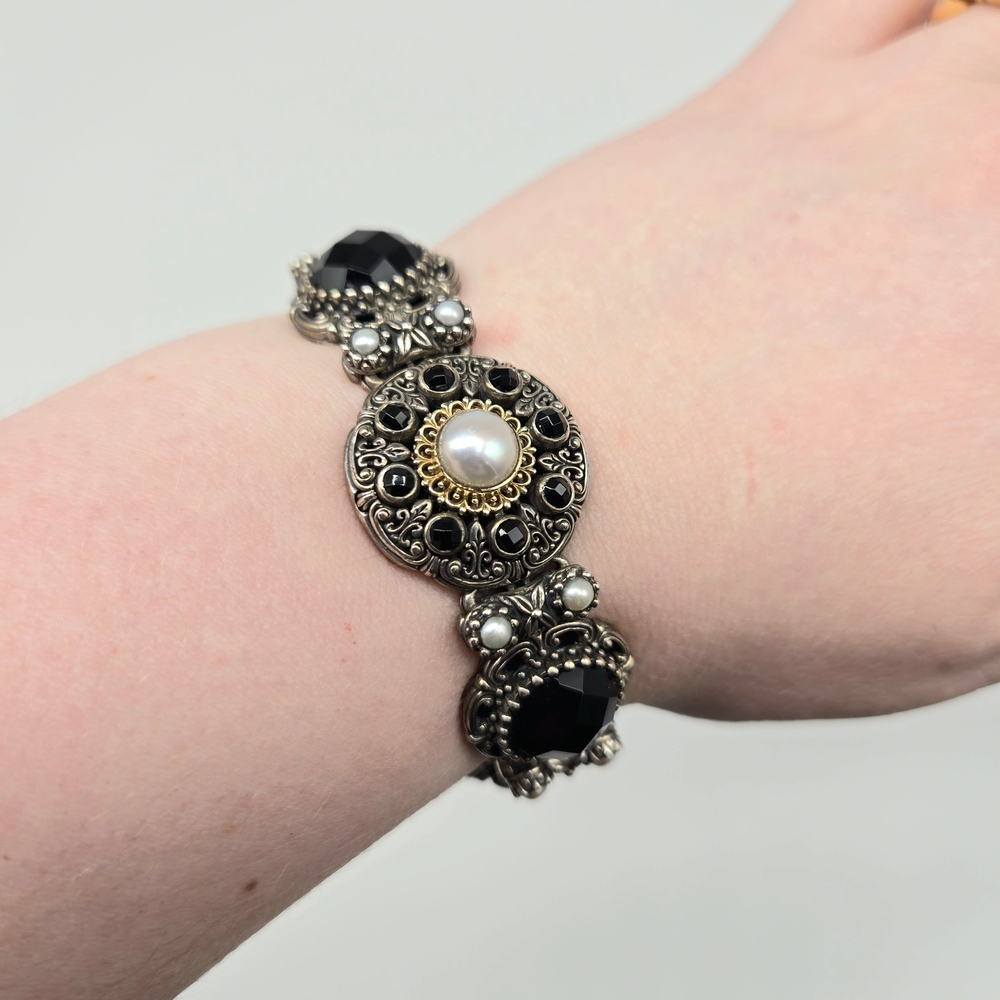 Konstantino Faceted Onyx and Genuine Pearl Link Bracelet Sterling and 18K Gold